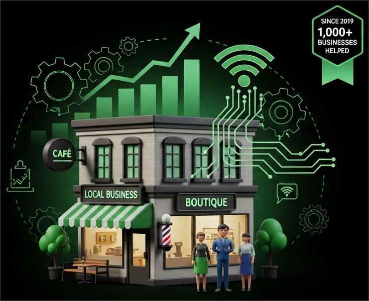 Local businesses growing with AI technology - showing café, boutique and other businesses with digital growth elements